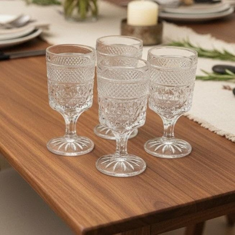Anchor Hocking Wexford Wine Glasses, Set of 4, Diamond Cut Pattern Pressed Glass